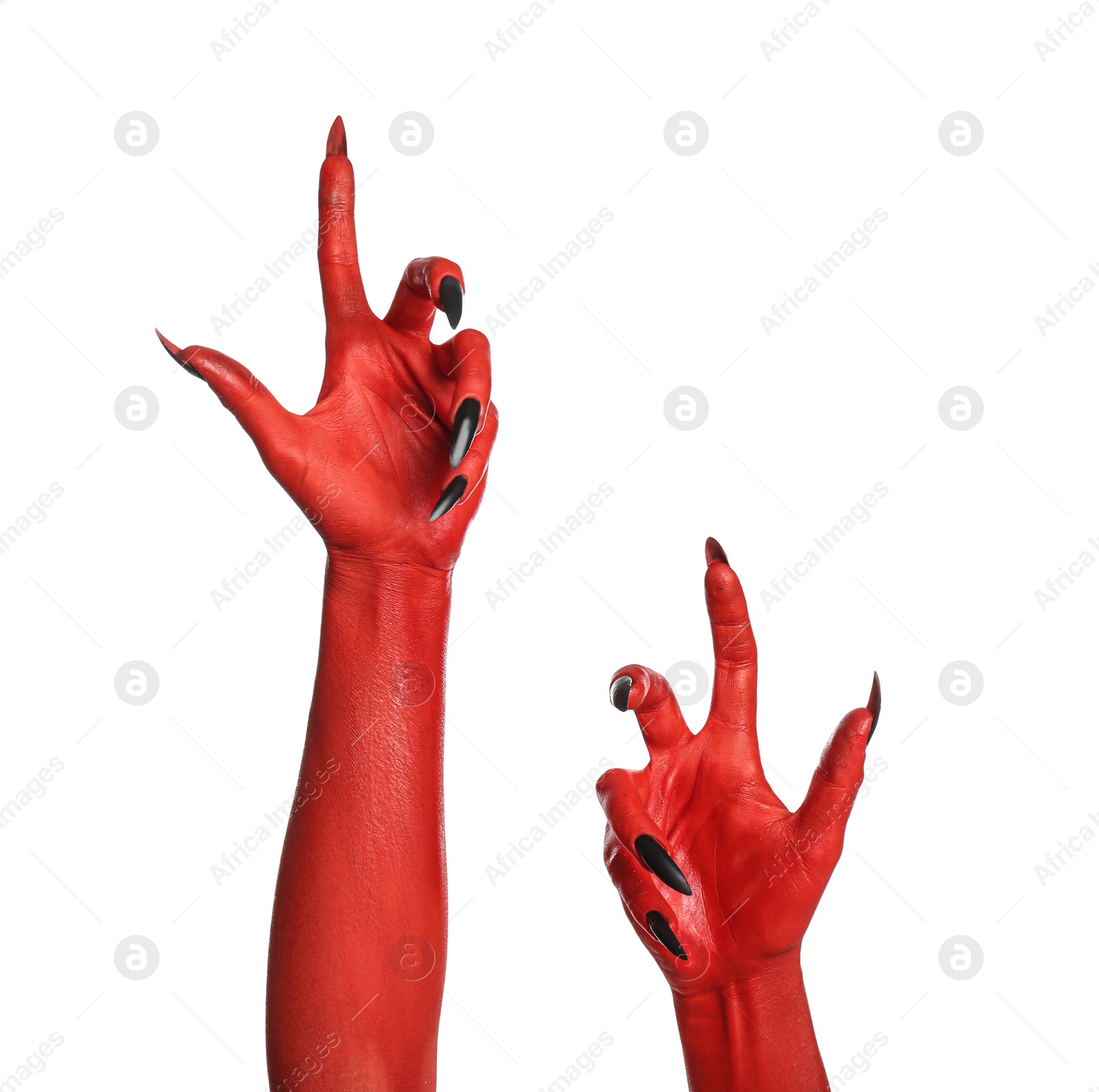 Photo of Scary monster on white background, closeup of hands. Halloween character