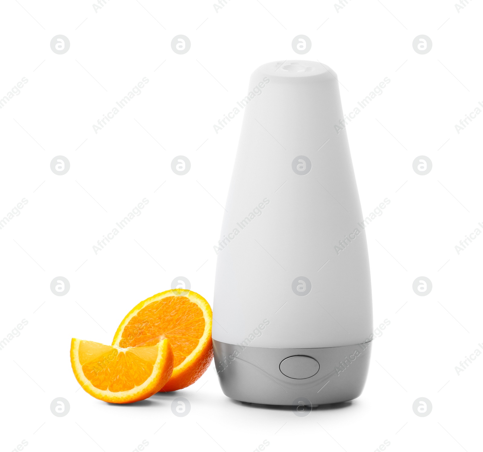 Photo of Automatic air freshener and orange on white background