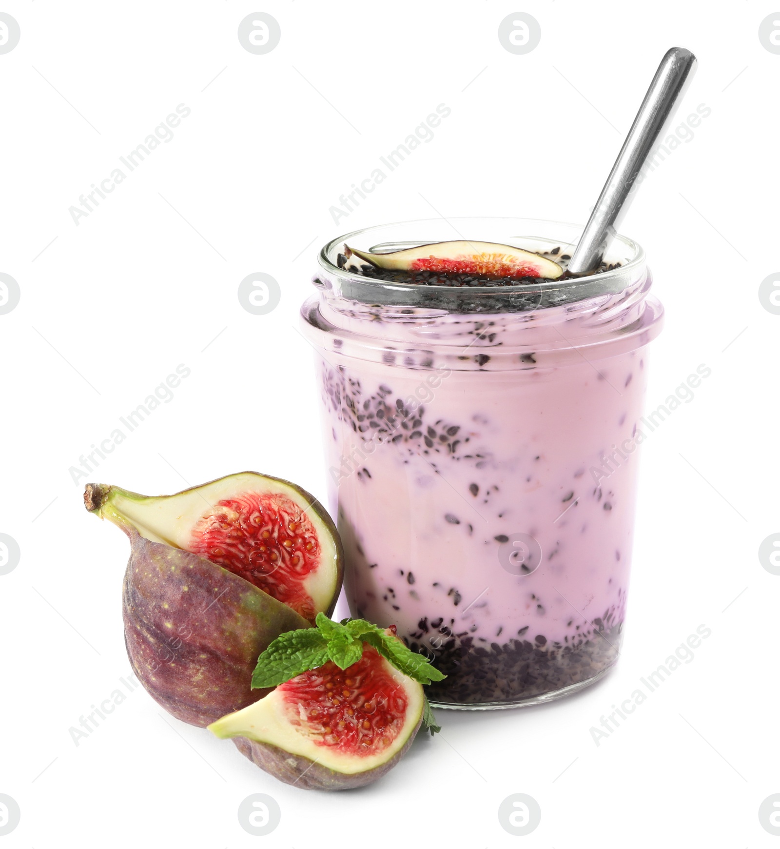 Photo of Delicious fig smoothie and ingredients on white background