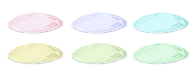 Image of Set with samples of cosmetic gels on white background