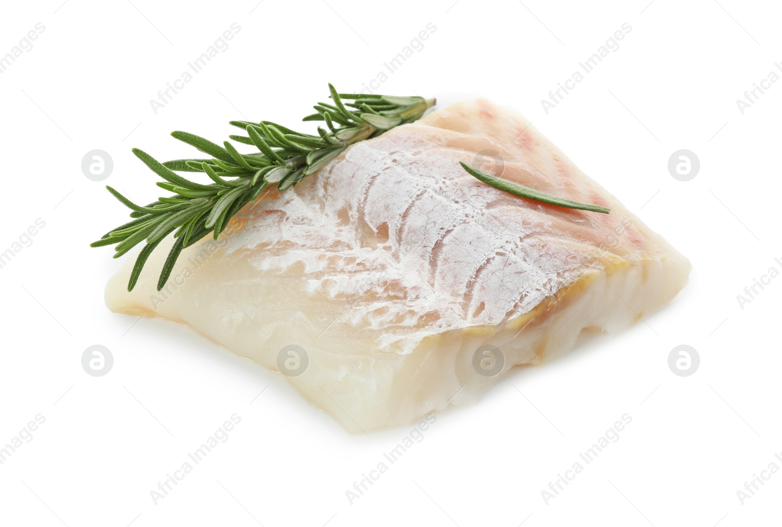 Photo of Piece of fresh raw cod with rosemary isolated on white