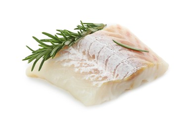 Piece of fresh raw cod with rosemary isolated on white