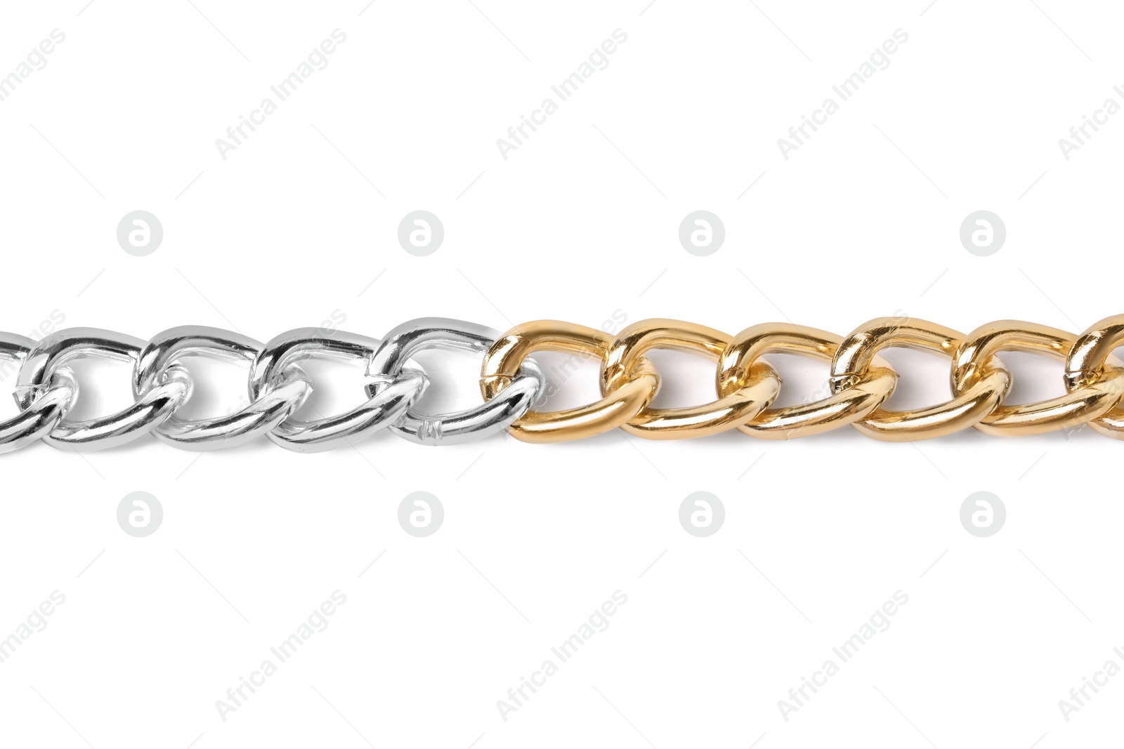 Photo of One metal chain isolated on white, top view. Luxury jewelry