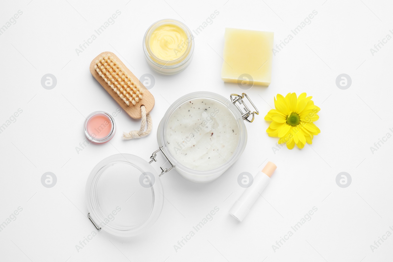 Photo of Flat lay composition with beeswax cosmetics on white background