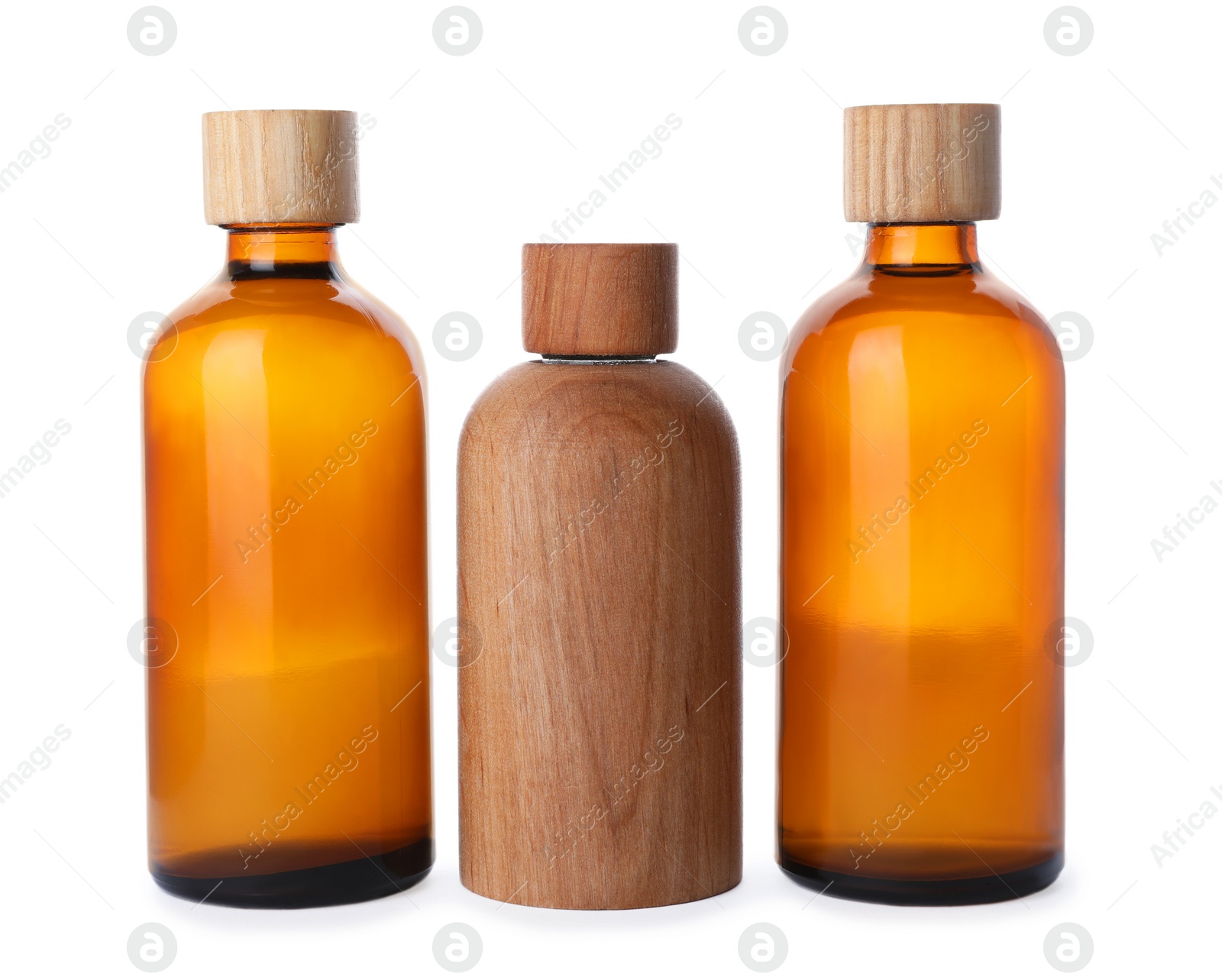 Photo of Different bottles of essential oil on white background