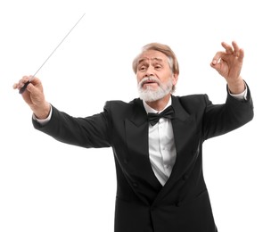 Photo of Professional conductor with baton on white background