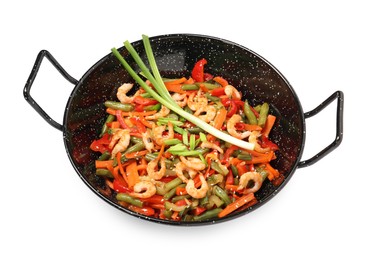 Shrimp stir fry with vegetables in wok on white background