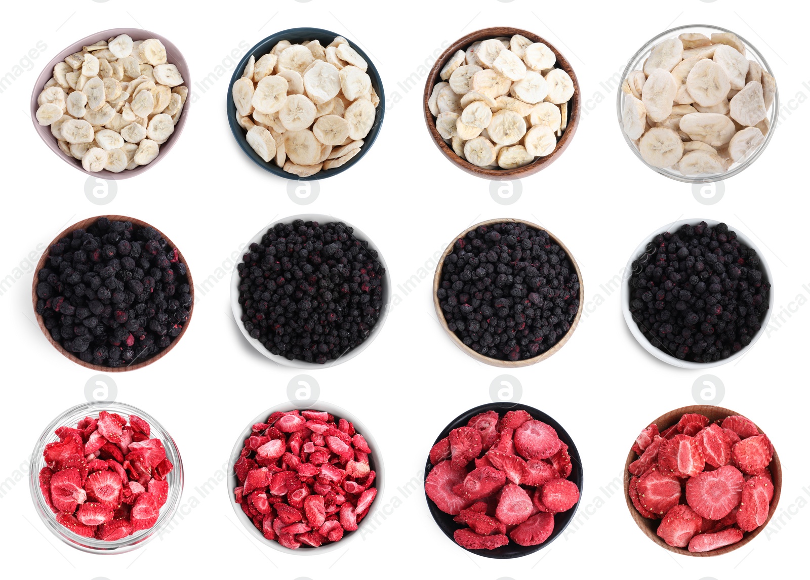 Image of Set with different freeze dried berries and bananas on white background, top view