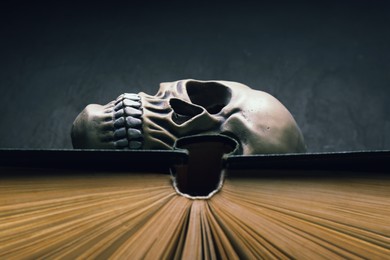 Photo of Human skull and old book on black table, closeup