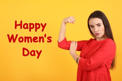 Strong woman as symbol of girl power on yellow background. Happy Women's Day