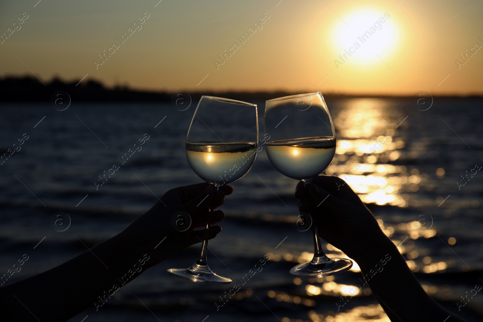 Photo of Women clinking glasses of wine near river at sunset, closeup