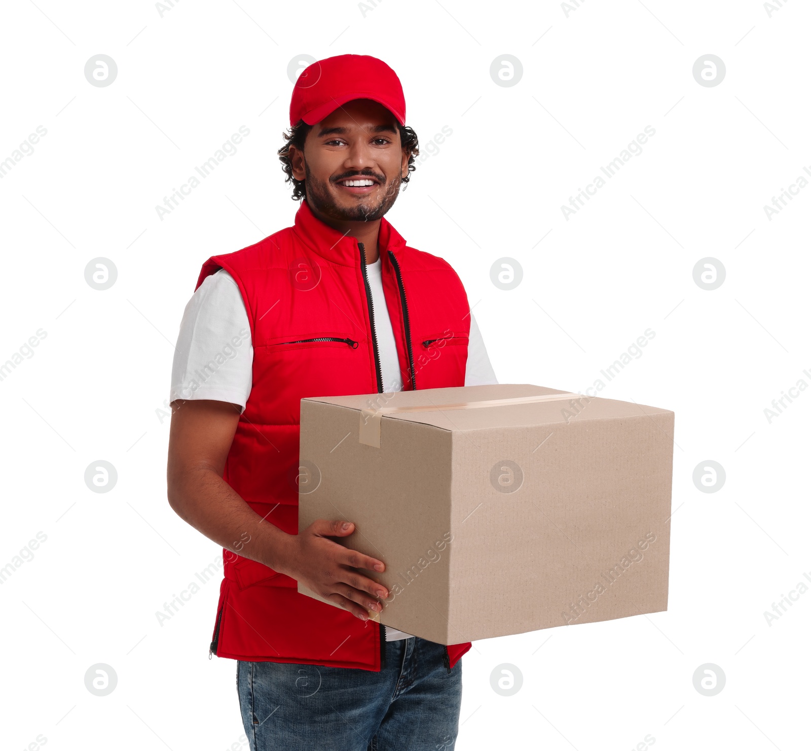 Photo of Happy courier with parcel on white background