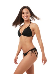 Photo of Pretty sexy woman with slim body in stylish black bikini on white background