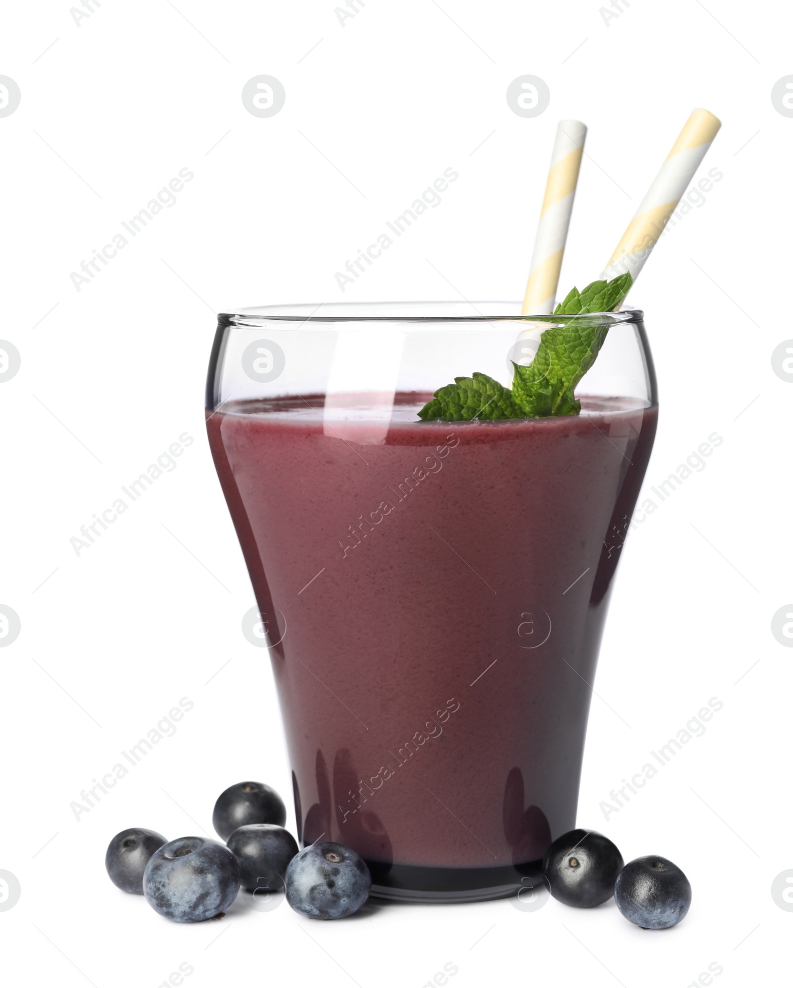 Photo of Glass of acai drink with berries on white background