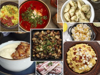 Different tasty Ukrainian dishes. Collage with borscht, banosh, varenyky and others