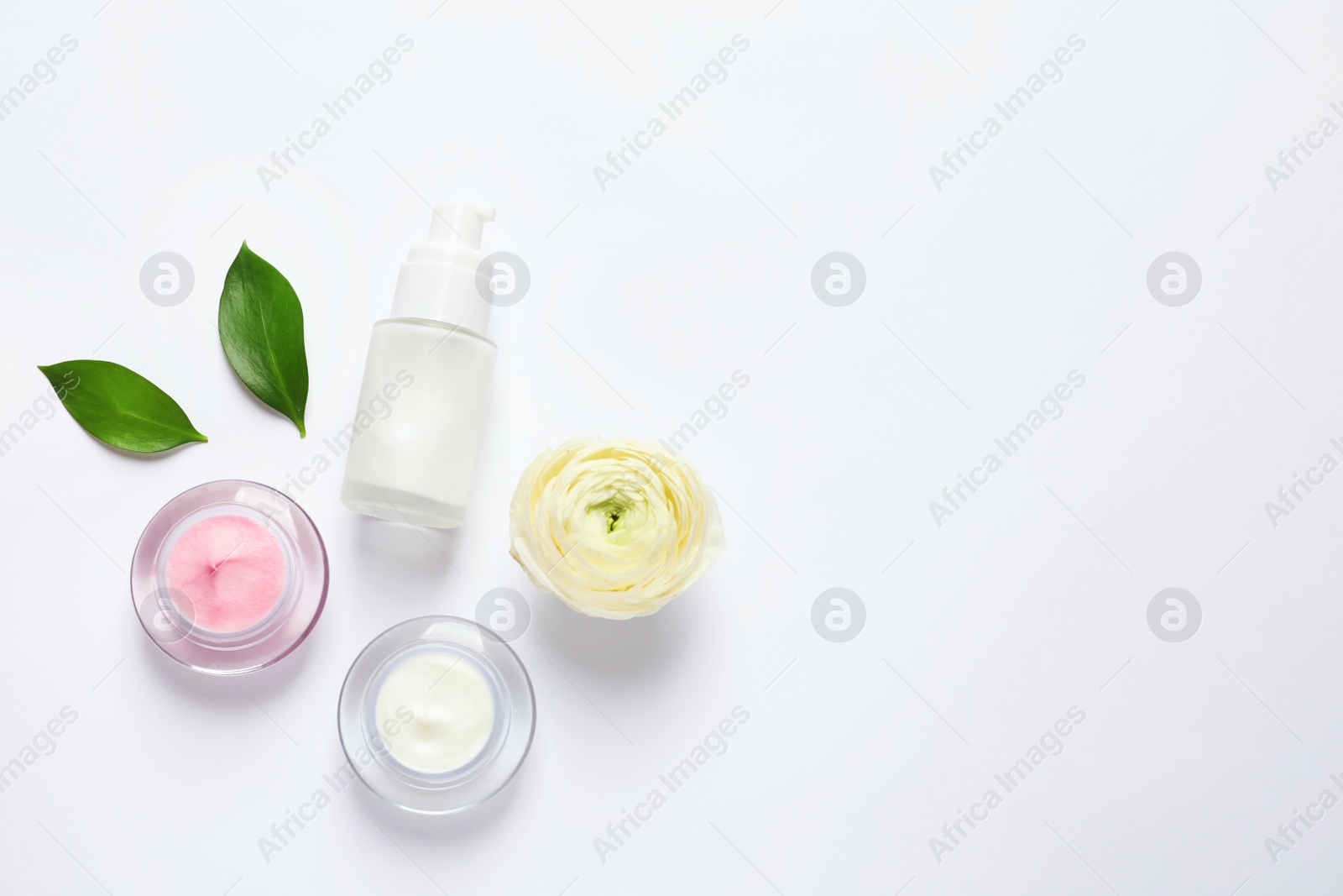 Photo of Cosmetic products on white background, flat lay