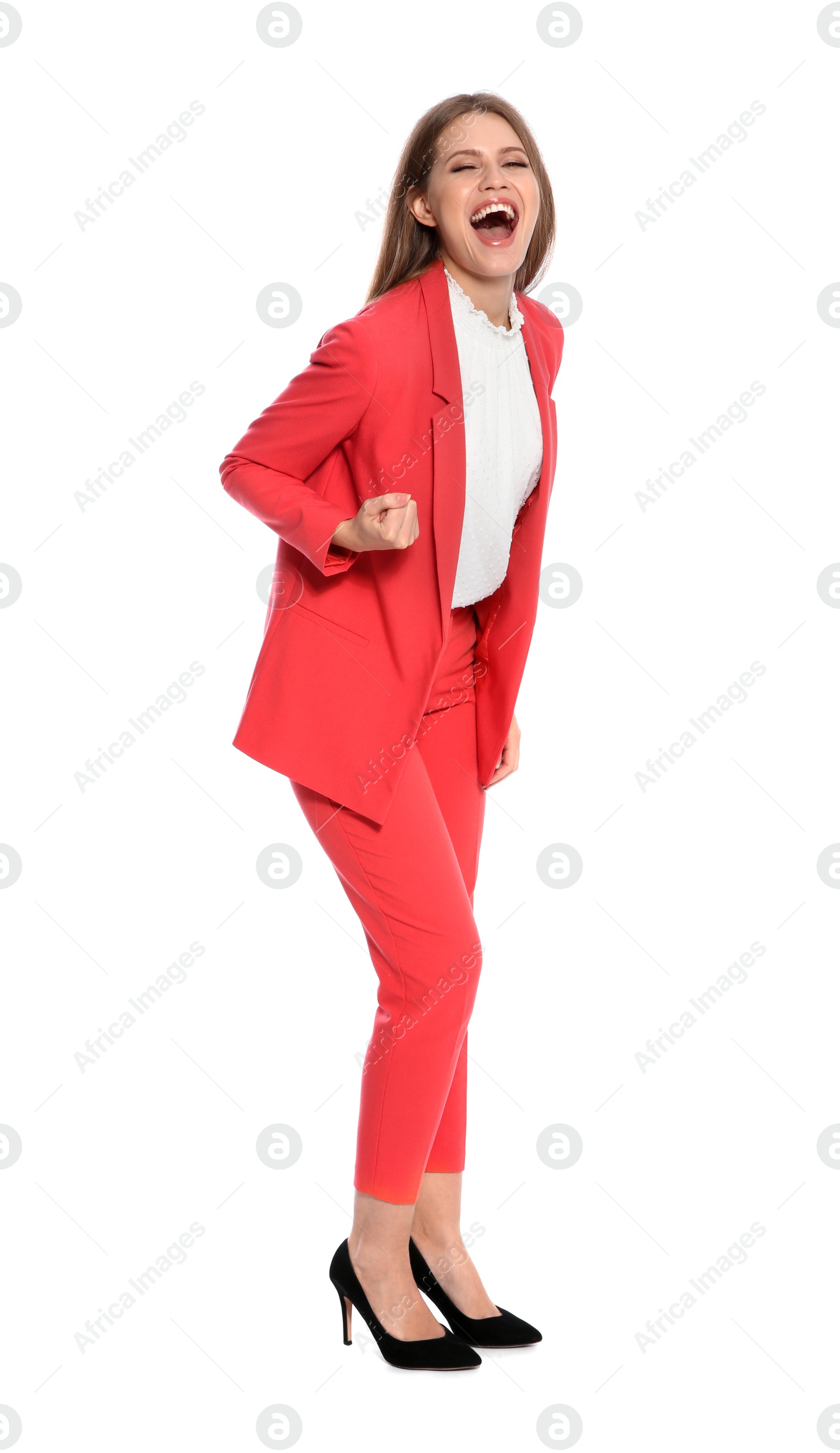 Photo of Young businesswoman celebrating victory on white background