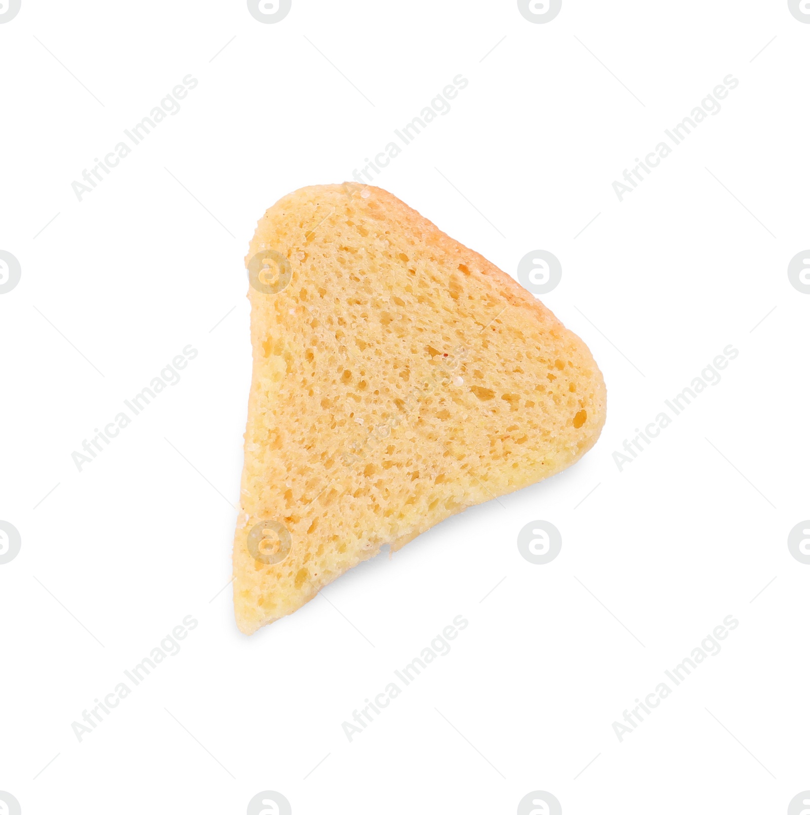 Photo of One delicious crispy rusk isolated on white, top view