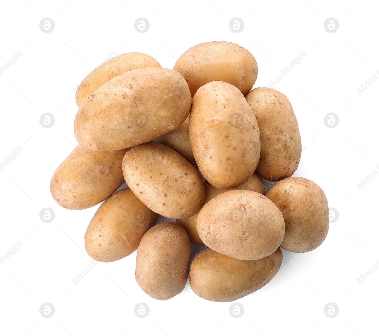 Photo of Fresh ripe organic potatoes on white background, top view