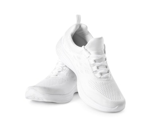 Stylish sport shoes on white background. Trendy footwear