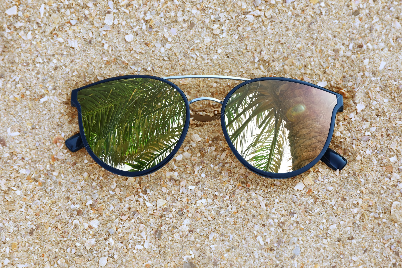 Image of Green palm leaves reflecting in sunglasses on sandy beach, top view