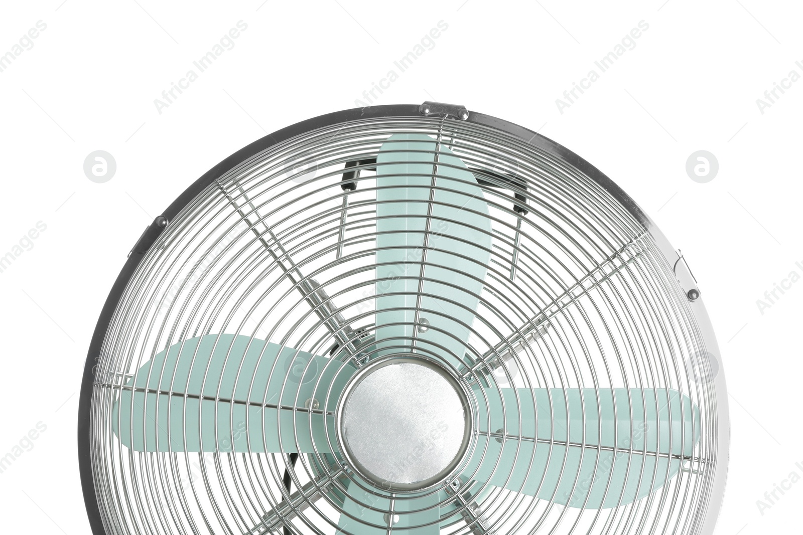 Photo of Electric fan on white background, closeup. Summer heat