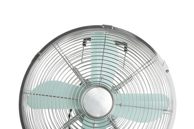 Photo of Electric fan on white background, closeup. Summer heat