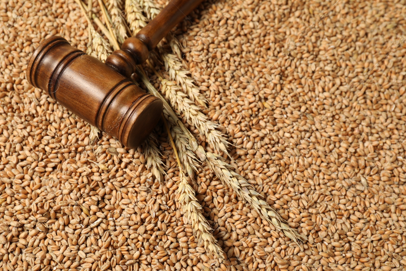 Photo of Wooden gavel and wheat ears on grains, closeup. Agricultural deal