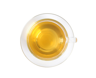 Photo of Cup of green tea isolated on white, top view