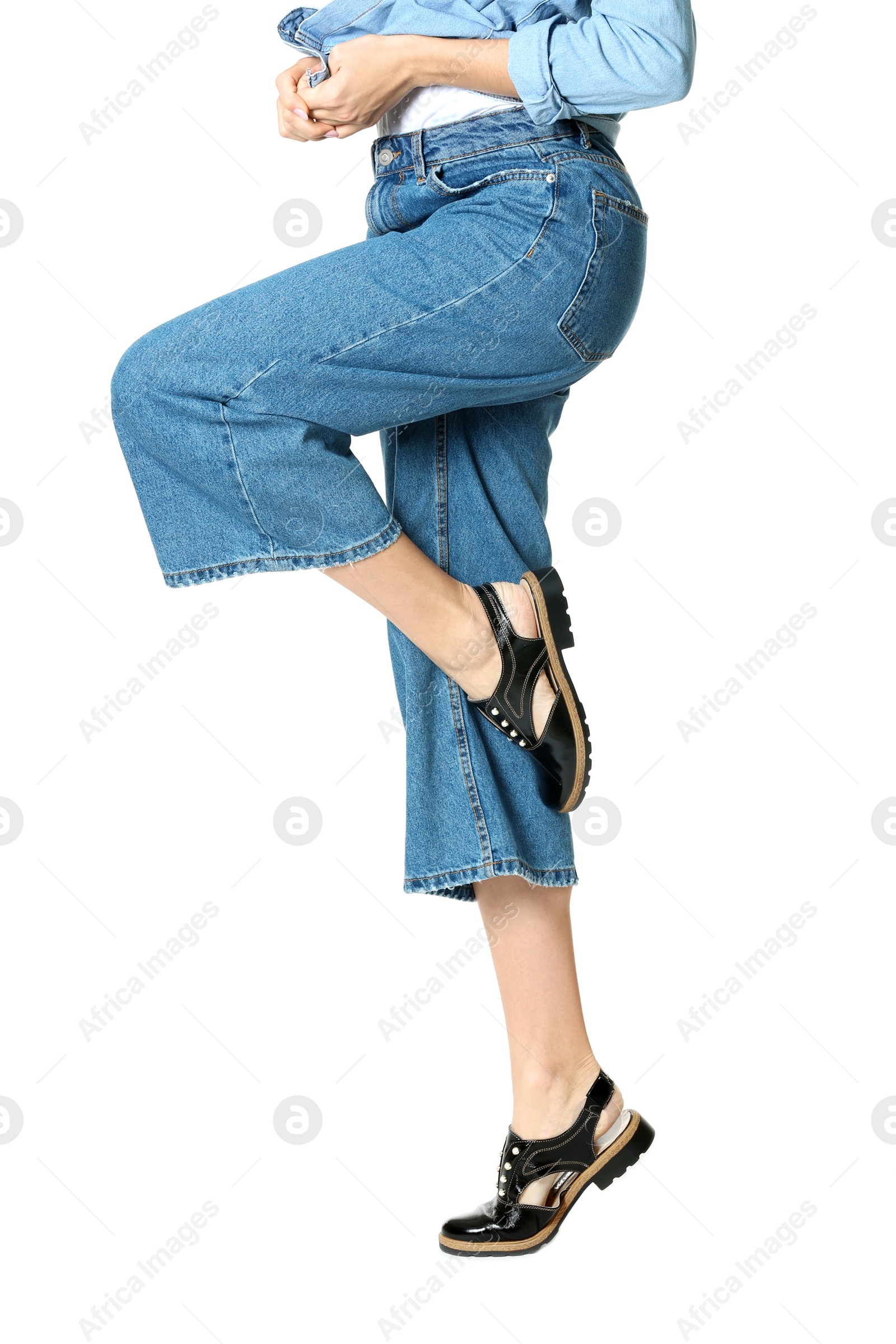 Photo of Fashionable woman in stylish shoes isolated on white