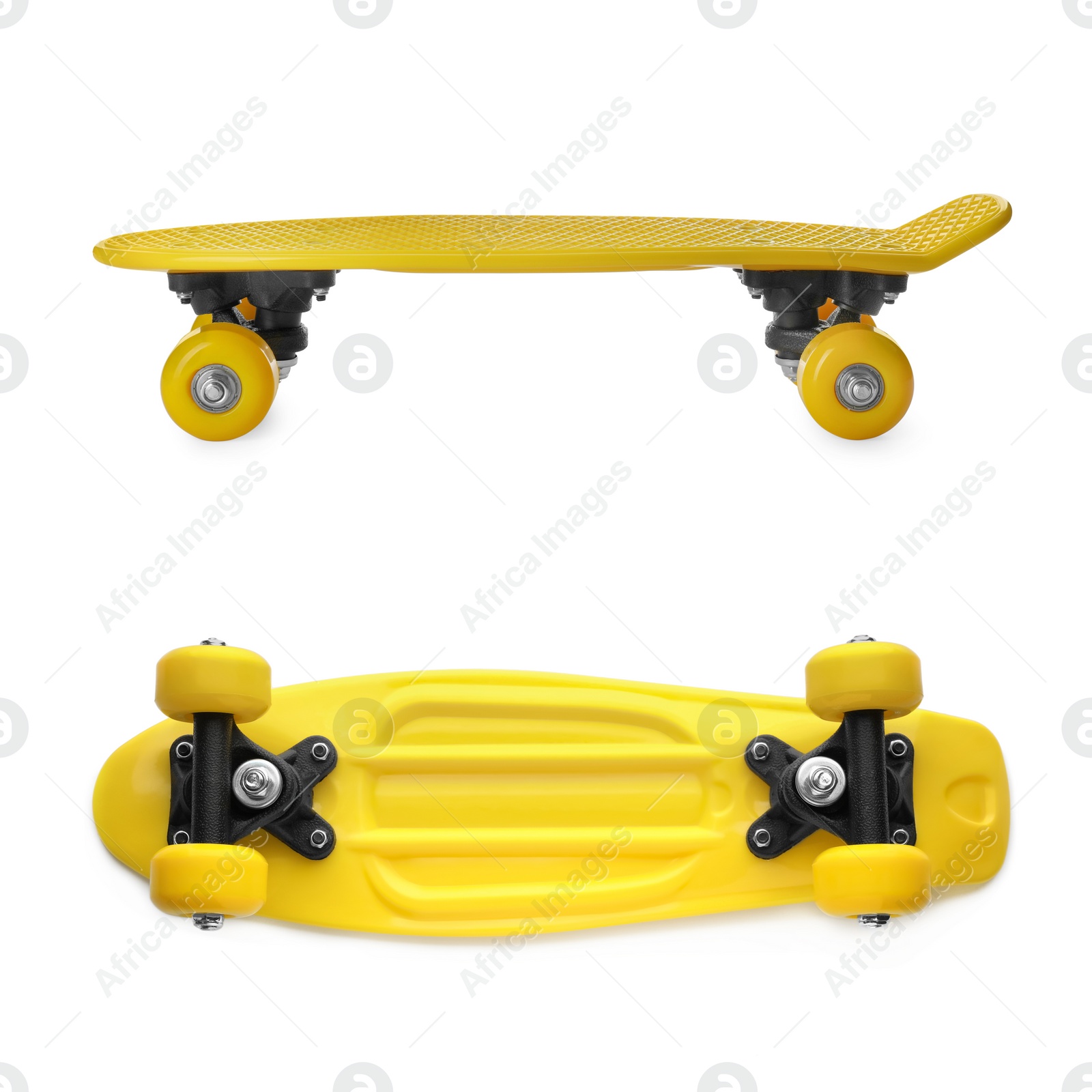 Image of Yellow skateboards on white background, collage. Sport equipment