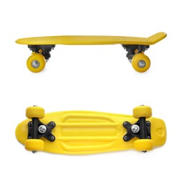 Yellow skateboards on white background, collage. Sport equipment