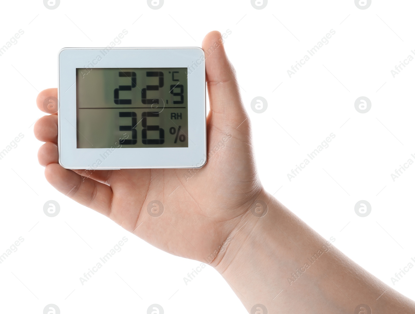 Photo of Woman holding digital hygrometer on white background, closeup