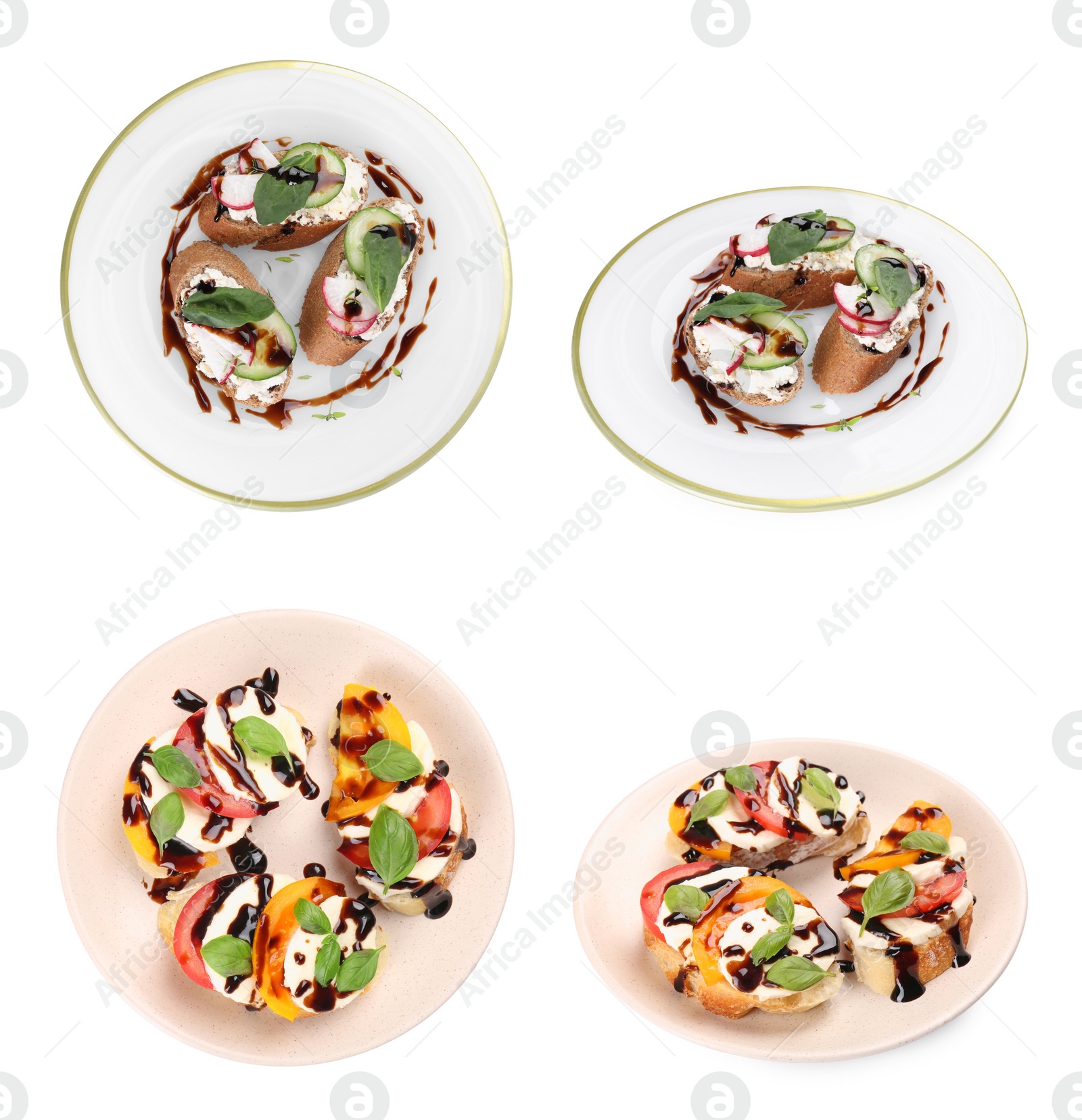 Image of Collection of delicious bruschettas with cream cheese and balsamic vinegar isolated on white, top and side views