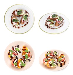 Image of Collection of delicious bruschettas with cream cheese and balsamic vinegar isolated on white, top and side views