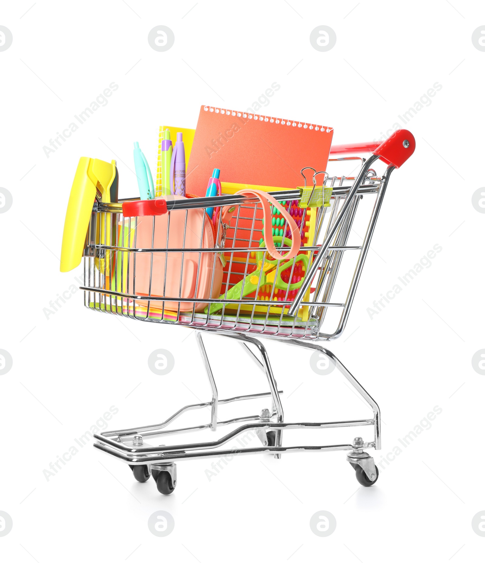 Photo of Small shopping cart with different stationery on white background. Back to school