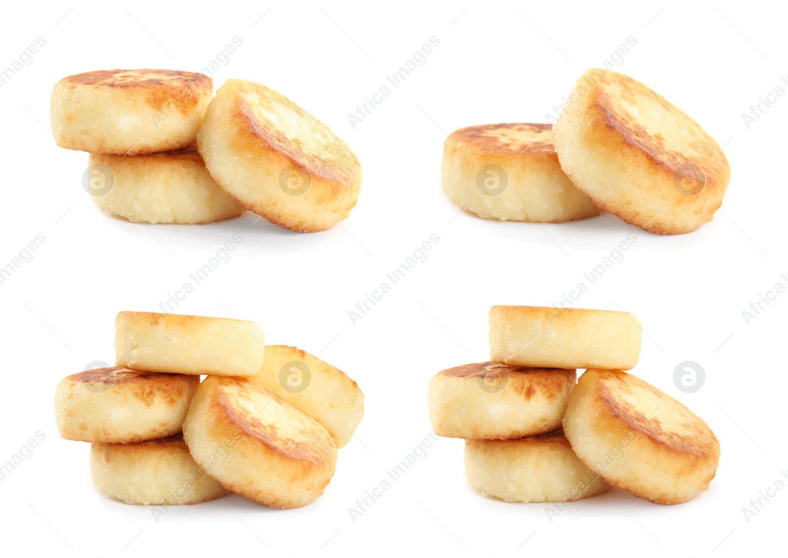 Image of Set with delicious cottage cheese pancakes on white background