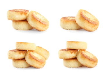 Image of Set with delicious cottage cheese pancakes on white background