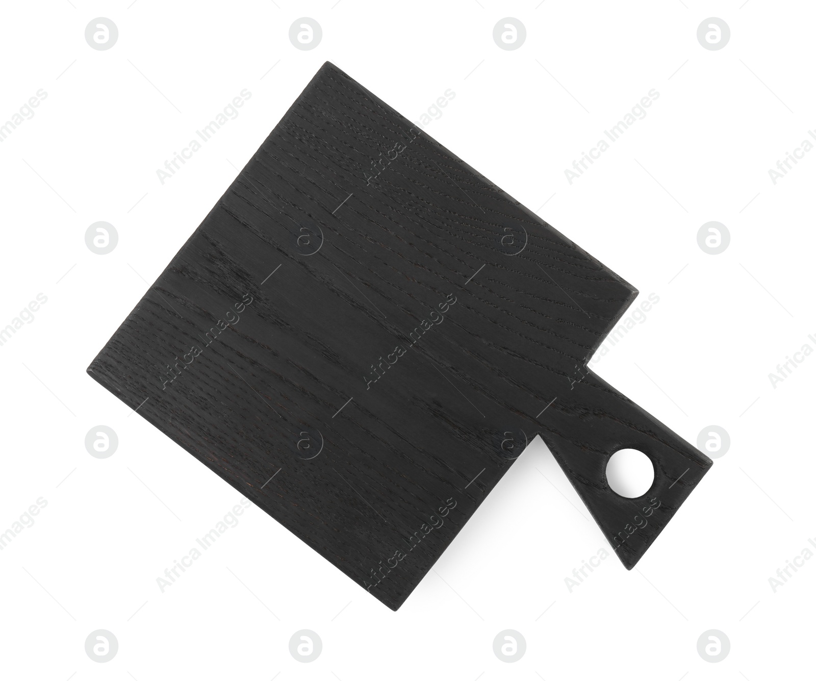 Photo of Black wooden cutting board isolated on white, top view