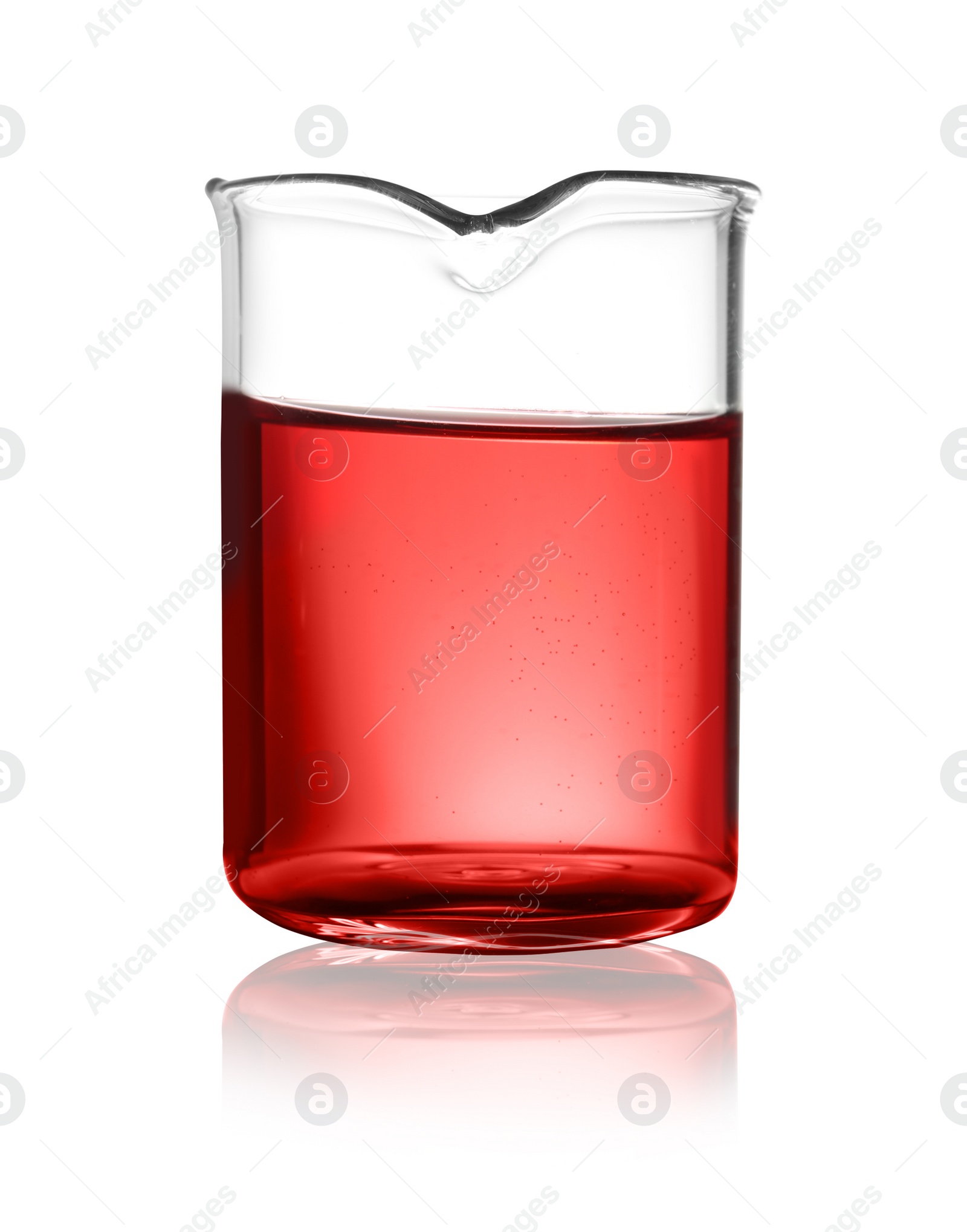 Photo of Beaker with color liquid isolated on white. Solution chemistry