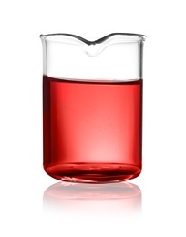 Beaker with color liquid isolated on white. Solution chemistry