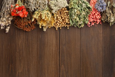Photo of Many different dry plants and flowers on wooden table, flat lay. Space for text
