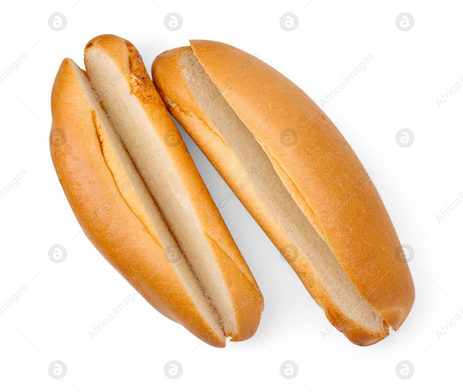 Photo of Two fresh hot dog buns isolated on white, top view