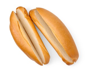 Two fresh hot dog buns isolated on white, top view