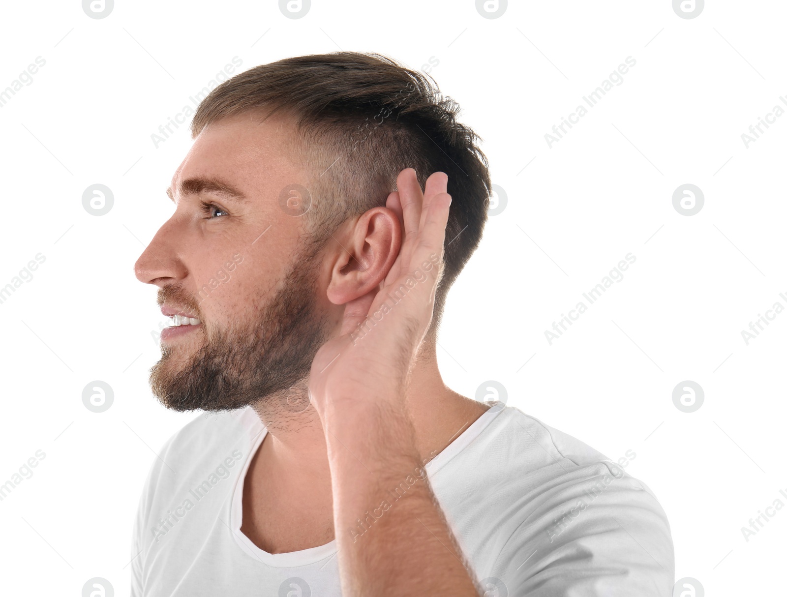 Photo of Young man with hearing problem on white background