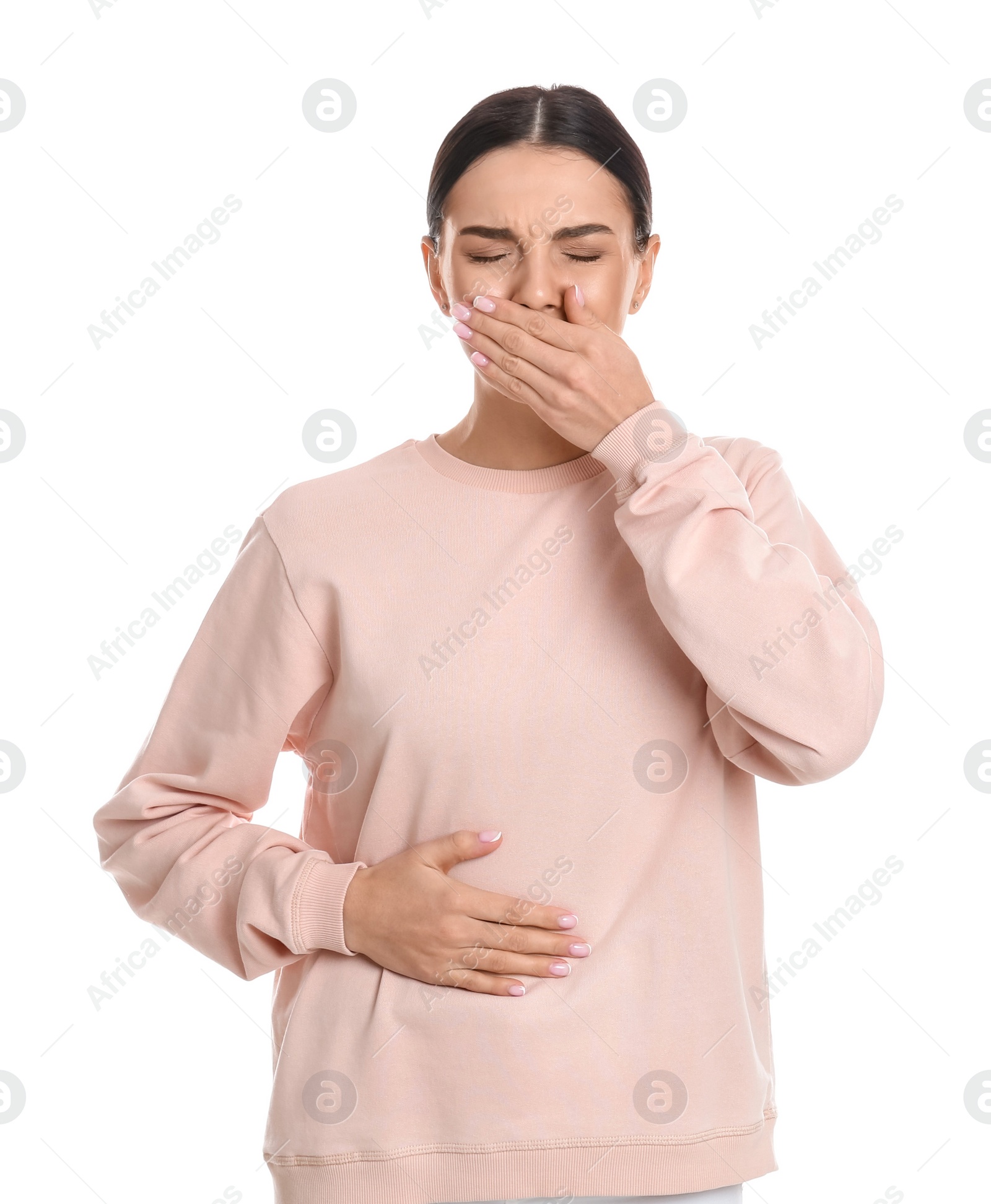 Photo of Woman suffering from stomach ache and nausea on white background. Food poisoning