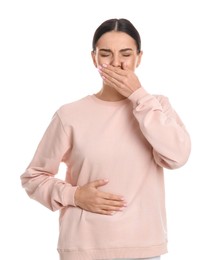 Woman suffering from stomach ache and nausea on white background. Food poisoning