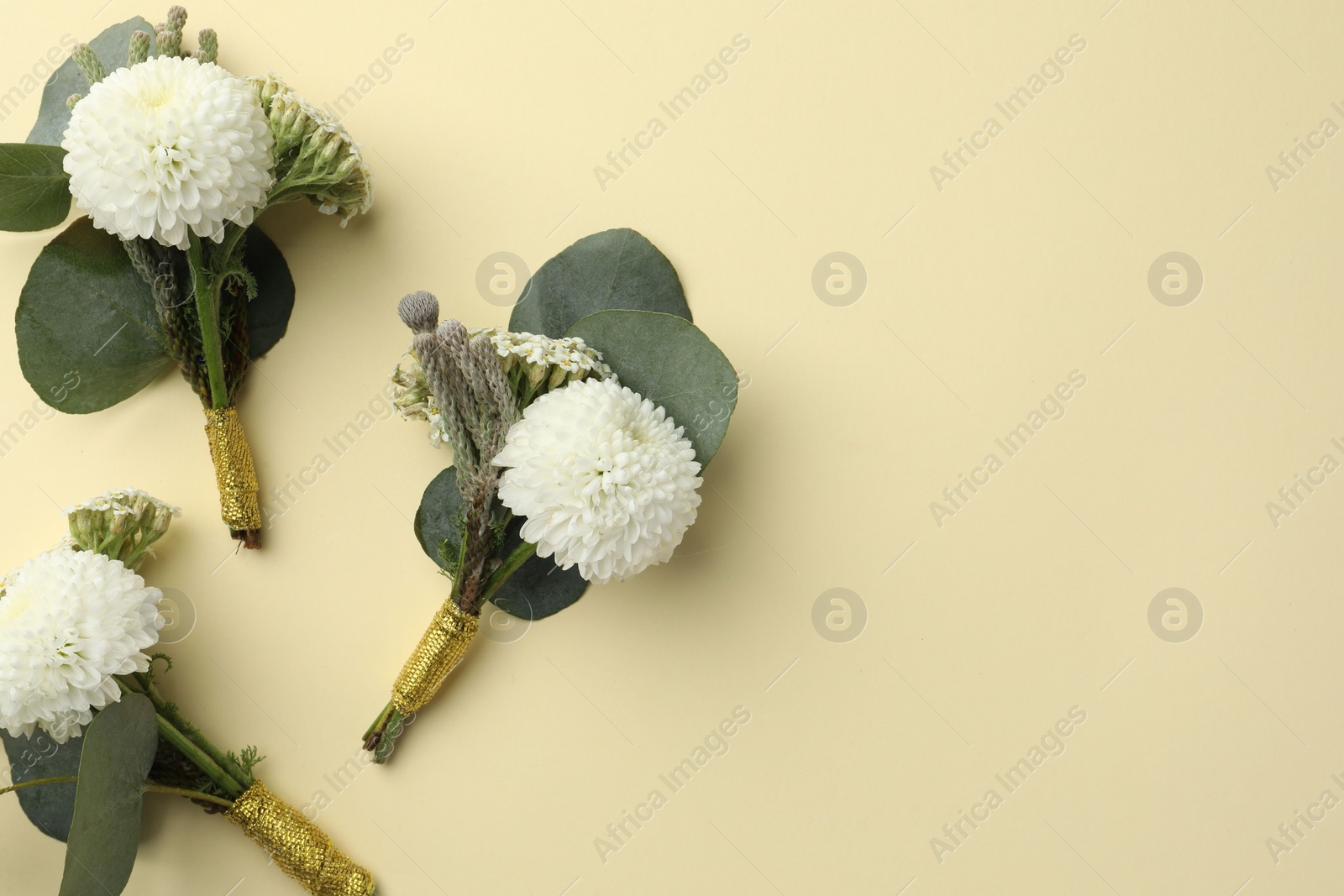 Photo of Many stylish boutonnieres on beige background, flat lay. Space for text