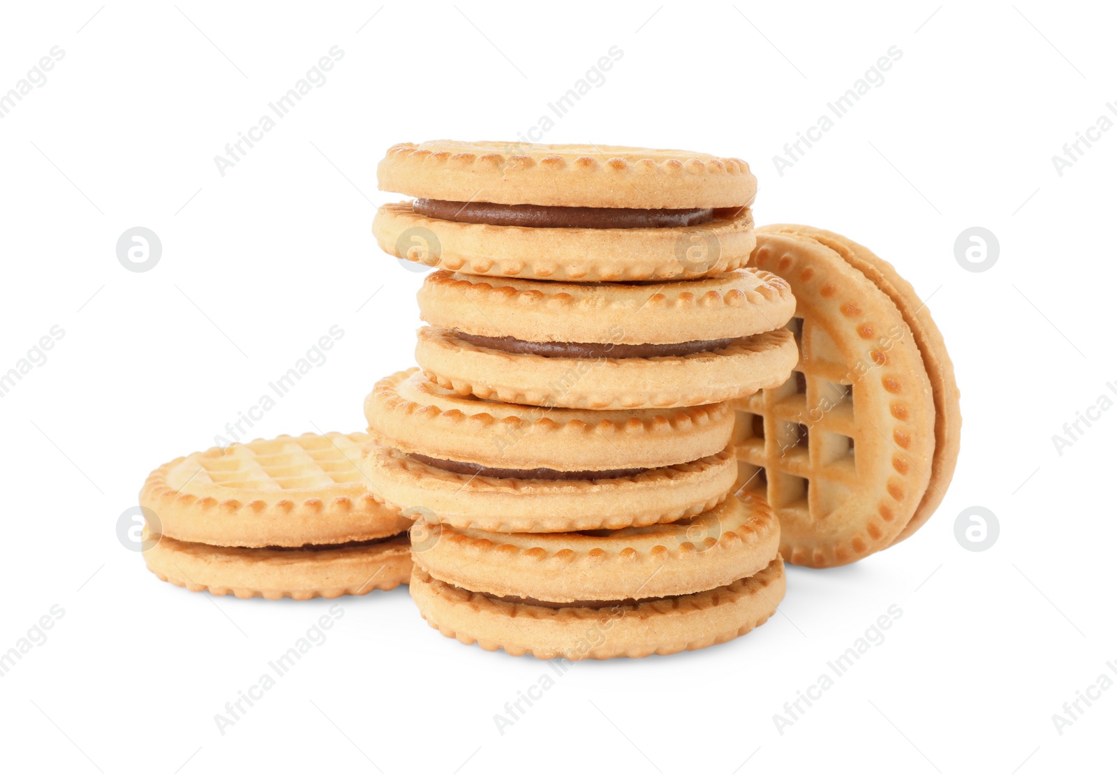 Photo of Tasty sandwich cookies with cream isolated on white