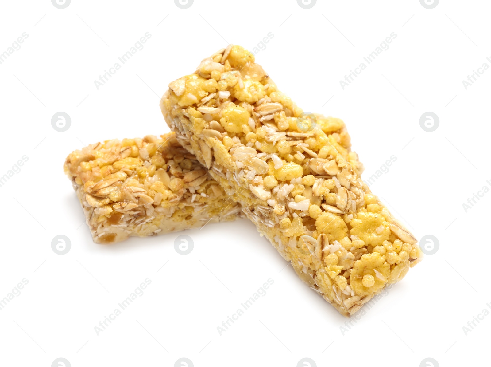 Photo of Two tasty granola bars isolated on white